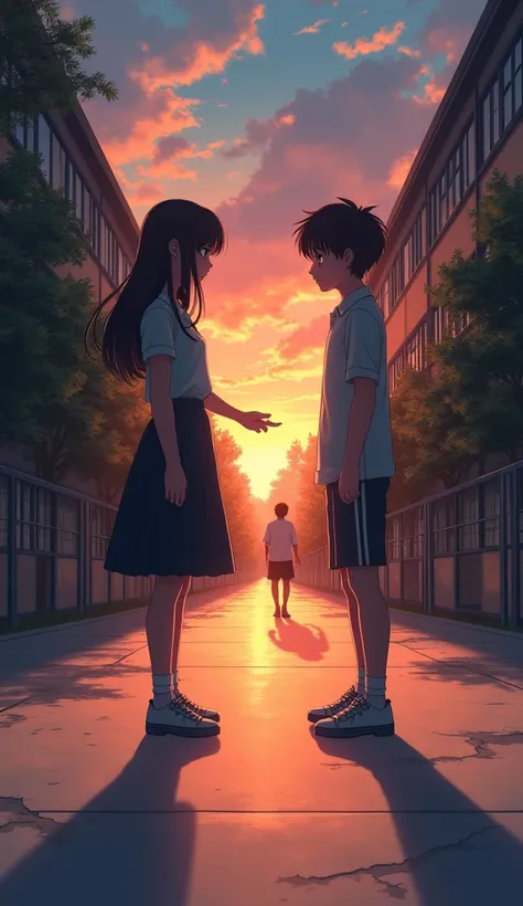 A dramatic anime-style illustration of a high school girl standing at a distance, gazing longingly at a boy walking away from her. Her fingers slightly reach out, as if she wants to call out to him but hesitates. The setting sun casts long shadows on the p...