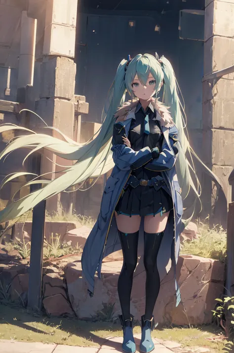  Hatsune Miku, masterpiece, TOP QUALITY, Laplace,hair ornaments close to the garden, Blue coat, belt,   black bodysuit , fur trim,  gloves,  Blue Boots,( upper body), open your mouth,( with my arms crossed),( standing in honor ), Gold,miniskirt, full body,...