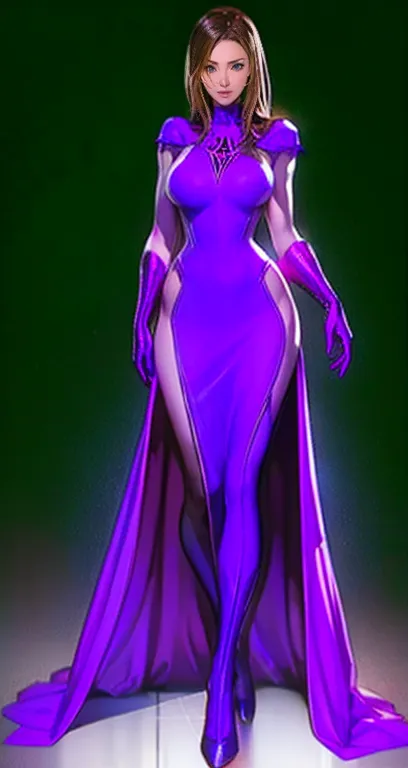 cartoon of a woman in a purple dress and blue gloves,  full body with costume,  full body portrait of jean grey, ( (  Spider-Woman blushing ) ), Kate Bishop,  full body purple cloak, Digital coloring,  Mixed Style by Eon Flux , Villain pose,  new costume c...