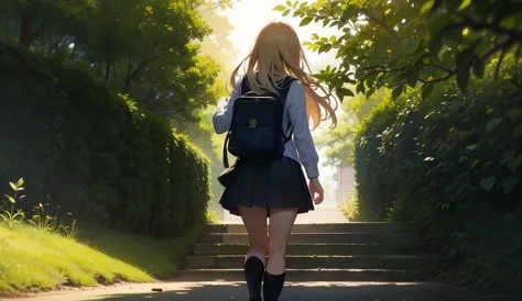 8k resolution, anime style, detailed rendering, hyperrealistic,  a young schoolgirl with long, straight, light blonde hair, wearing a crisp white collared shirt with long sleeves, a black vest with a perfectly tied red bow, a black pleated skirt above knee...