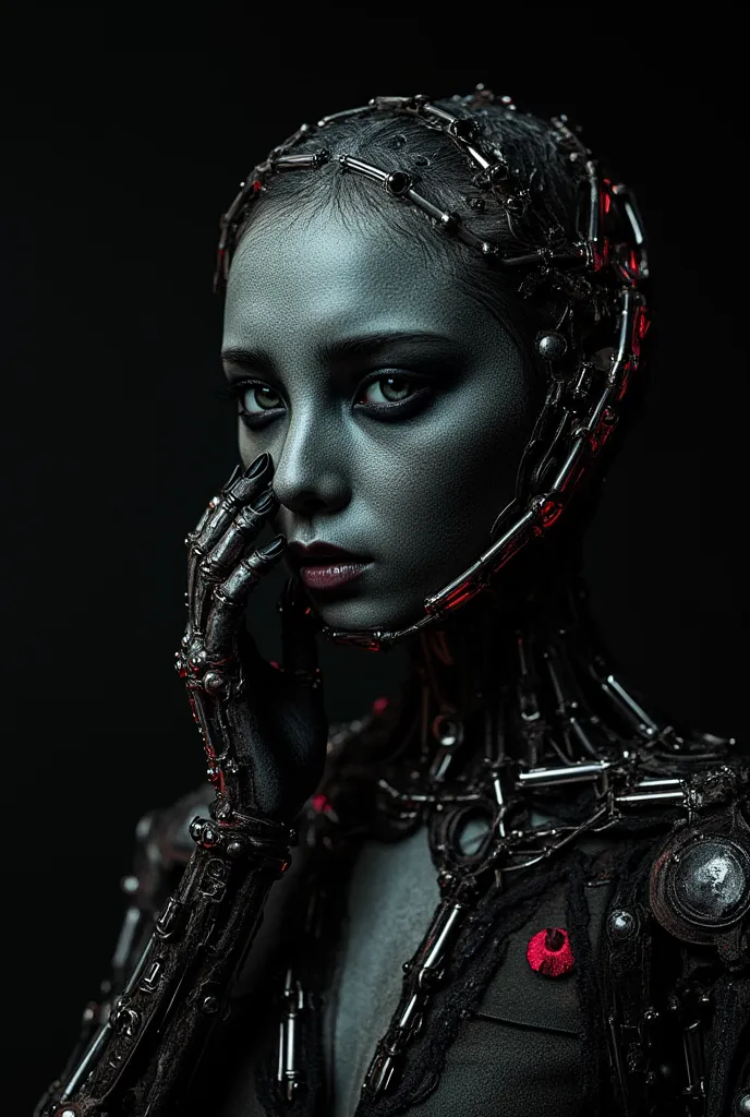 Beautiful woman in exoskeleton, detailed face, realistic textured skin, perfect anatomy, perfect fingers, Gothic style female android mechanical skeleton made of keys scales, pitch black dark background, [ultra huge breasts woman:8], abstract, [muted color...