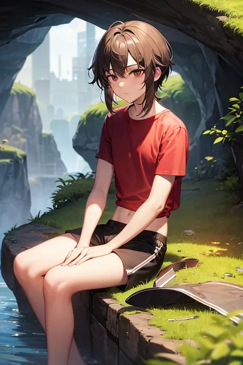 a 18 year old boy, in a cave, sitting down, long brown hair, black shorts, red crop