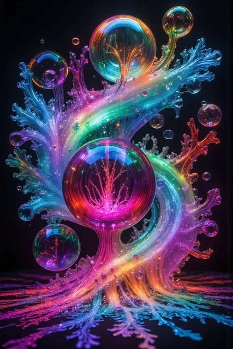 Psychedelic digital art,ultra-detailed vibrant fluorescent neon colors,intricate rainbow glass-like environment,shimmering glass bubbles morphing out of swirling colors,glowing light and reflection,4d mandelbulb psychedelic landscape,bright overexposed bac...