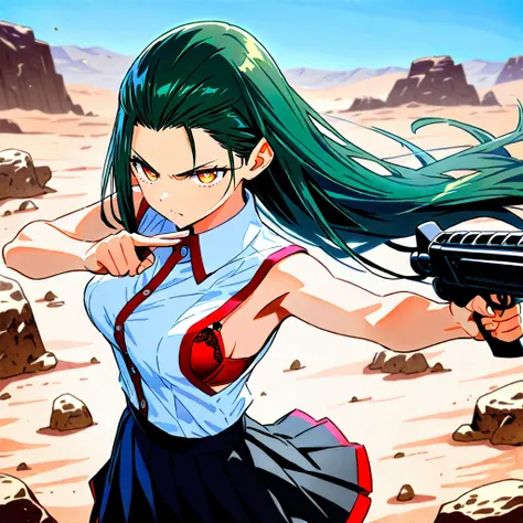 BEST QUALITY, ULTRA DETAILED, HIGH DEFINITION, ALONE, 1 girl, long straight hair, dark sea green hair, hair partially slicked back, long bangs, amber eyes, slim, medium breasts, black pleated skirt with red trim, button down shirt, open white shirt, sleeve...