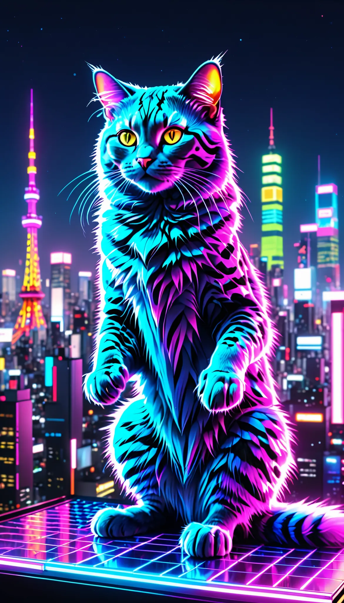 Hyper-realistic cybercat with neon-lit fur patterns, dancing on a holographic DJ booth. Neon Tokyo skyline background, laser grids, pixelated soundwaves morphing into paw prints.8K, ultra-detailed synthwave aesthetic, chromatic aberration.