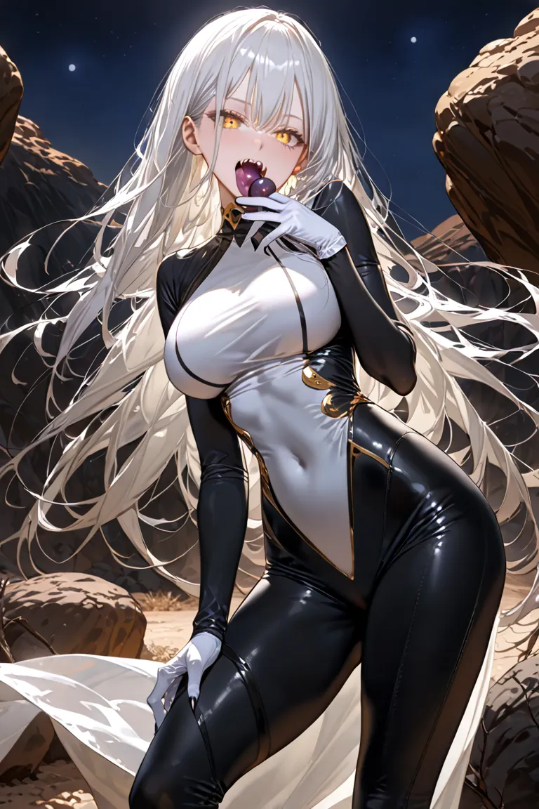 MASTERPIECE, BEST QUALITY, ULTRA DETAILED, HIGH DEFINITION, ILLUSTRATION, HYPER DETAILED, ALONE, 1girl, long hair, flowing white hair, golden eyes, black pupil, slit pupil, sharp nails, fangs, slender, large breasts, two small black marks on her cheeks, st...