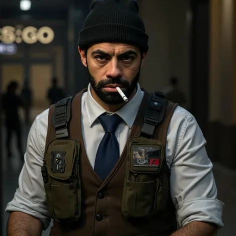 ((Masterpiece)), ((Ultra-detailed character design)), ((8K resolution)), ((cinematic lighting, sharp textures, high realism)), BREAK.  
A **35-year-old male character** with a **rough, rugged appearance**, wearing a **tight black stocking cap (meia na cabe...