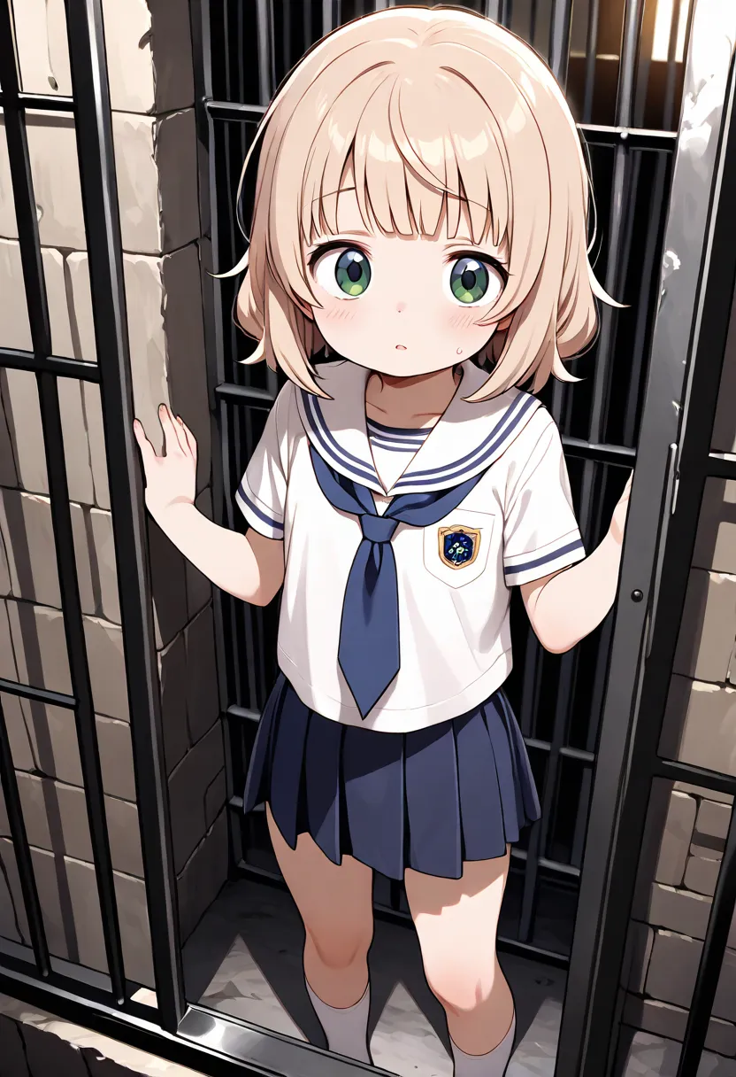 masterpiece,highest quality,cute, Ui,primary school student,Prison,watching from outside the cage,loli face,,