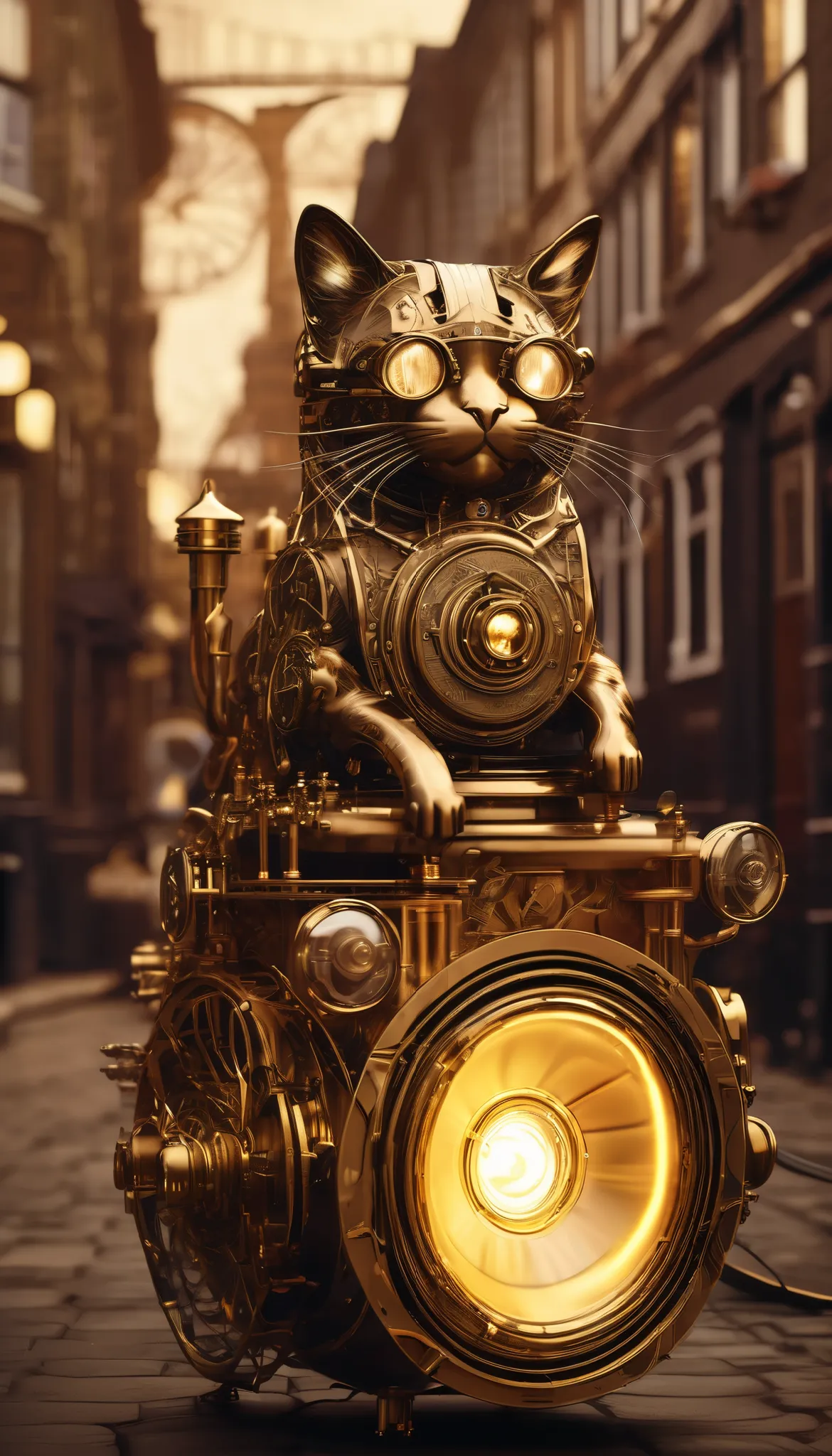 Brass-gear mechanical cat with steam-powered speakers on its back. Victorian London streets with tesla coils, vinyl records as floating platforms. Sepia tones with glowing amber accents, intricate clockwork details, cinematic lighting.