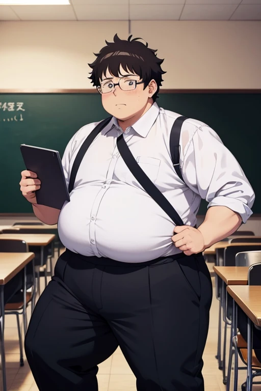 Anime image of a fat man standing in a classroom holding a blackboard, cute, college student, Sankaku Complex Anime Images , Blob Anime, In anime movies, Group anime images , Official anime stills, as an anime character,   standing in class , Kentaro Miura...