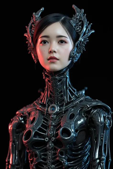 Beautiful woman in exoskeleton, detailed face, realistic textured skin, perfect anatomy, perfect fingers, Gothic style female android mechanical skeleton made of keys scales, pitch black dark background, [ultra huge breasts woman:8], abstract, [muted color...