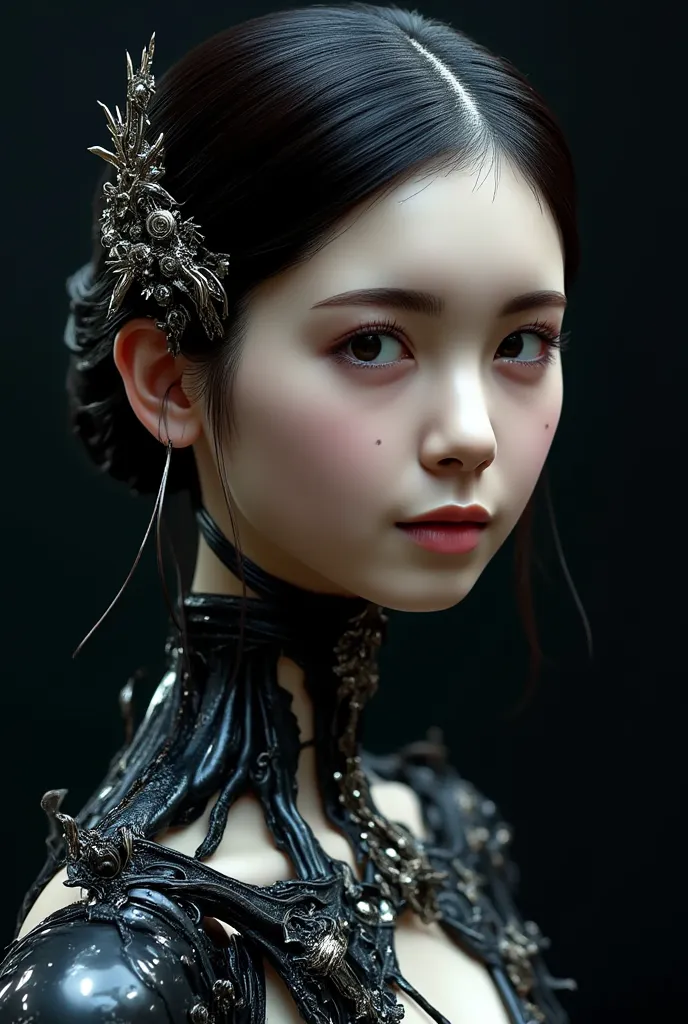 Beautiful woman in exoskeleton, detailed face, realistic textured skin, perfect anatomy, perfect fingers, Gothic style female android mechanical skeleton made of keys scales, pitch black dark background, [ultra huge breasts woman:8], abstract, [muted color...