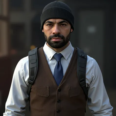 ((Masterpiece)), ((Ultra-detailed character design)), ((8K resolution)), ((cinematic lighting, sharp textures, high realism)), BREAK.  
A **35-year-old male character** with a **rough, rugged appearance**, wearing a **tight black stocking cap (meia na cabe...