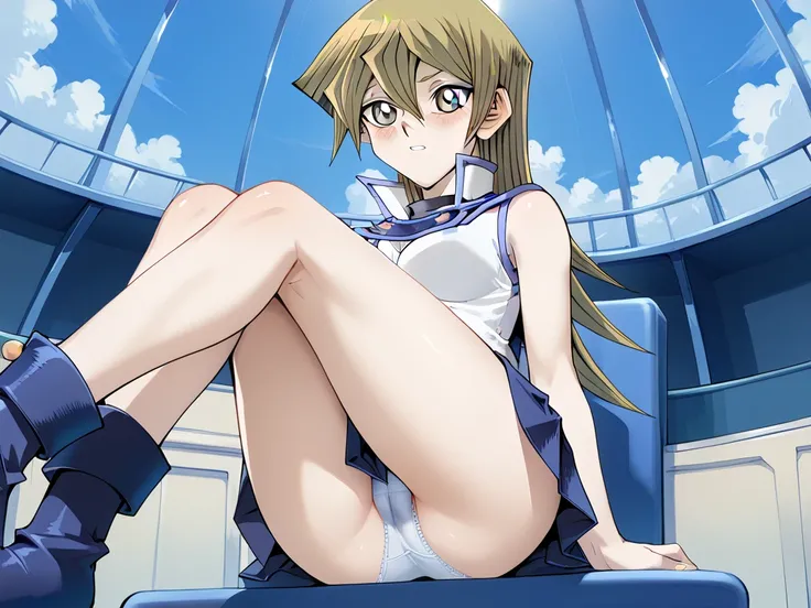  1 girl,  alone, portrait ,  I can only think about sex、Drowning in pleasure ASKA  , intense blush , sleeveless,  skirt  ,  Duel Academy uniform  (Yu-Gi-Oh!ＧＸ), Sitting on a chair and opening your legs wide left and right ,I'm showing my panties to viewers...