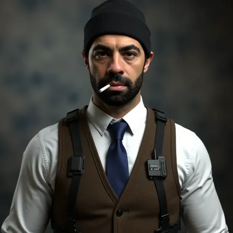 ((Masterpiece)), ((Ultra-detailed character design)), ((8K resolution)), ((cinematic lighting, sharp textures, high realism)), BREAK.  
A **35-year-old male character** with a **rough, rugged appearance**, wearing a **tight black stocking cap (“meia na cab...