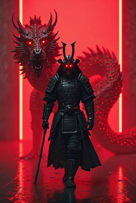 A samurai warrior walks with a scary dragon next to him, red neon light radiates from their eyes, and the general character of the image is red neon.