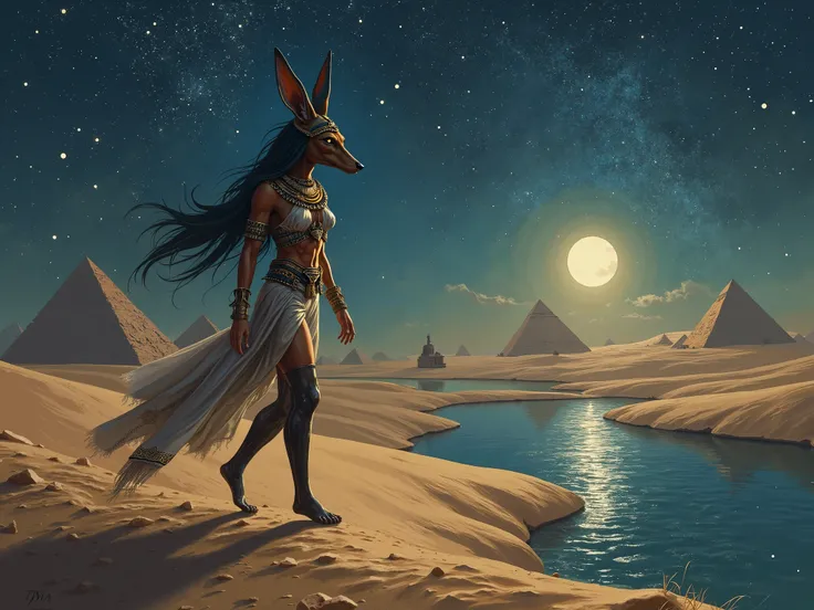 Egyptian goddess Anput, walking at night in the desert next to the Nile River, There are a lot of stars in the sky. The pyramids and sphinxes are in the background of the landscape