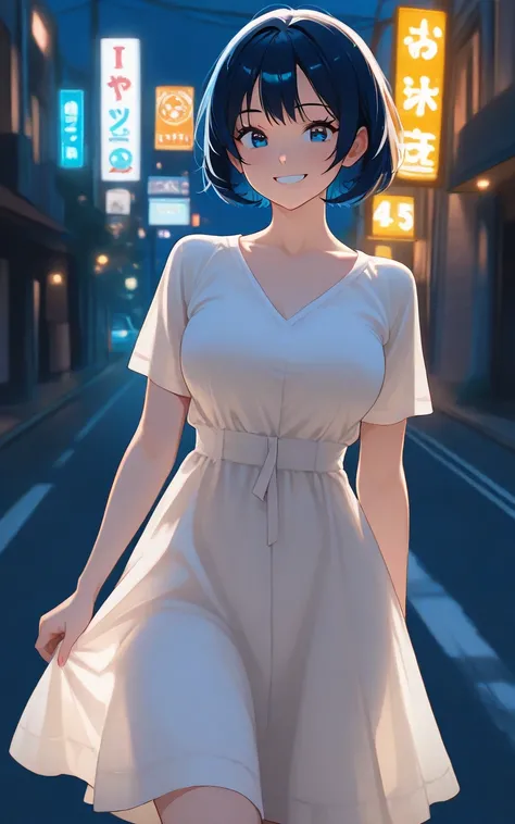 solo, 1 girl,  dark blue short hair, blue eyes,plain white dress,( white clothes)Short sleeve,Breasts that are about the size of a good size,outside, random cute poses ,smile, sounds fun,I'm looking over here,side, random angles, in the sun's nature,Night ...