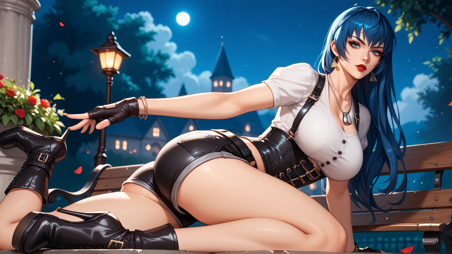 Sexy leona heidern, blue eyes,  long hair,  DARK BLUE HAIR LENSES, red lips,   triangle earrings, dog tags,  big breasts, wearing a corset , suspenders,  white shirt,  tight black shorts, belt with chains, fingerless gloves, bracelets,  Thigh-length boots ...