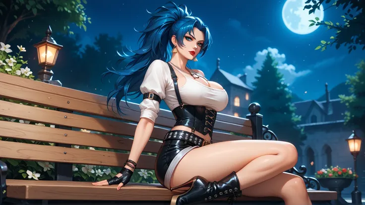 Sexy leona heidern, blue eyes,  long hair,  DARK BLUE HAIR LENSES, red lips,   triangle earrings, dog tags,  big breasts, wearing a corset , suspenders,  white shirt,  tight black shorts, belt with chains, fingerless gloves, bracelets,  Thigh-length boots ...