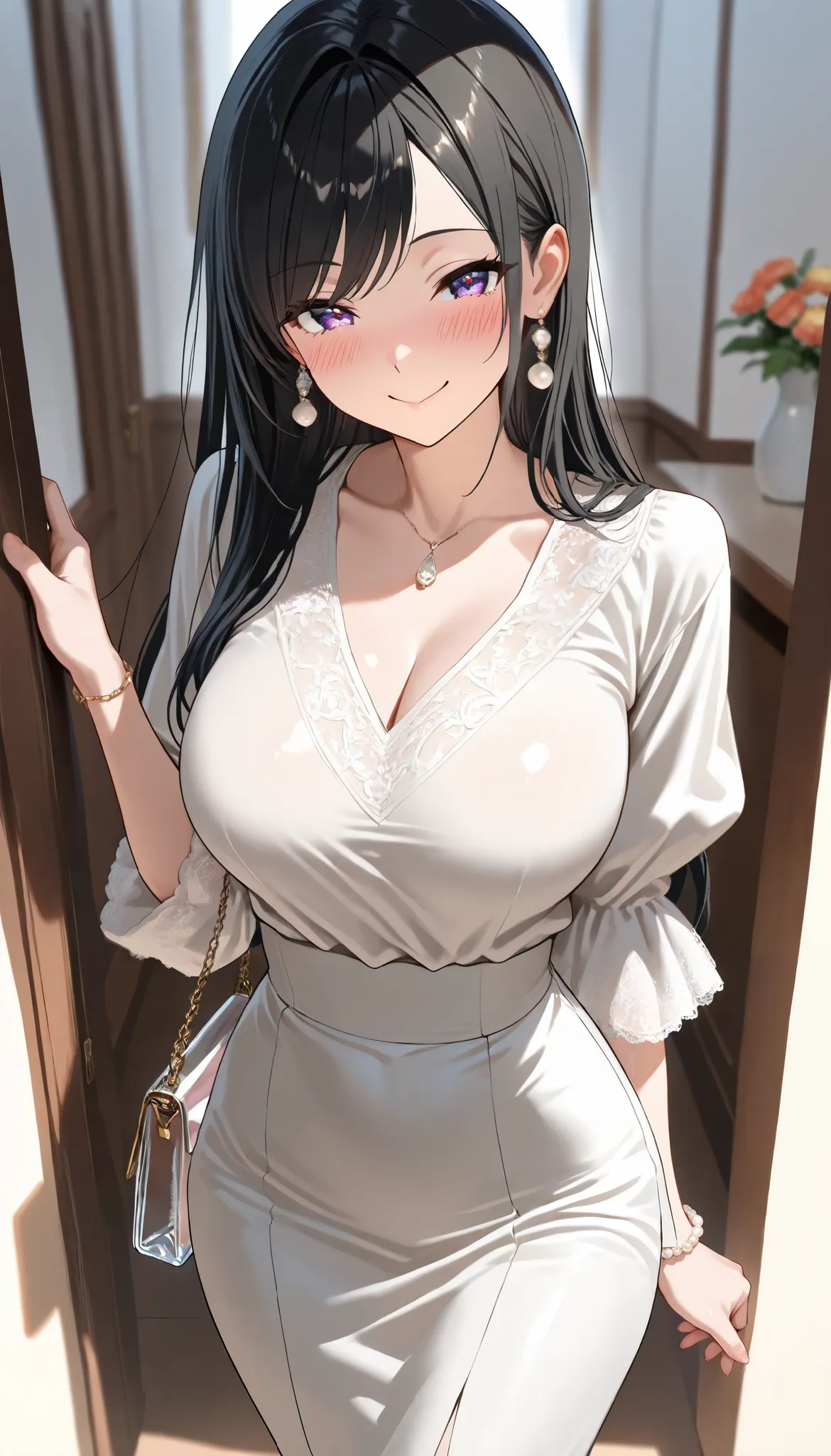 (best quality, masterpiece, ultra detailed, high resolution), Beautiful 8K CG artwork, Enriched photography, anatomically accurate body, depth of field,  1girl, elegant yet sexy girl, (long hair, black straight hair, swept bangs), 
round large breasts, bre...