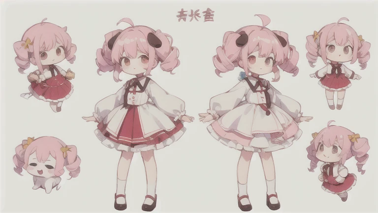 Symmetrical　Droopy white dog ears 　Droopy white dog ears 　cuteデザイン,  the most beautiful girl I've ever seen　No background地　1 girl, drill twin tail,  light pink hair　Droopy white dog ears , 縦巻き fluffy浮いてる　cute white blouse　burgundy flared skirt　Put a burgun...