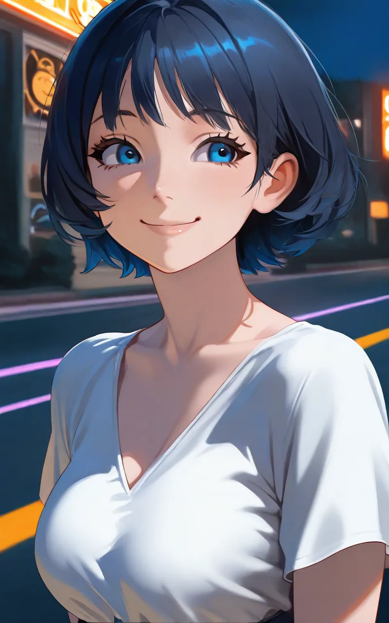 portrait,close-up,solo, 1 girl,  dark blue short hair, blue eyes,plain white dress,( white clothes)Short sleeve,Breasts that are about the size of a good size,outside, random cute poses ,smile, sounds fun,I'm looking over here,side, random angles, in the s...