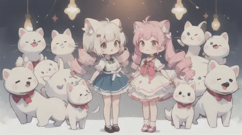 Symmetrical　Droopy white dog ears 　Droopy white dog ears 　cuteデザイン,  the most beautiful girl I've ever seen　No background地　1 girl, drill twin tail,  light pink hair　Droopy white dog ears , 縦巻き fluffy浮いてる　cute white blouse　burgundy flared skirt　Put a burgun...