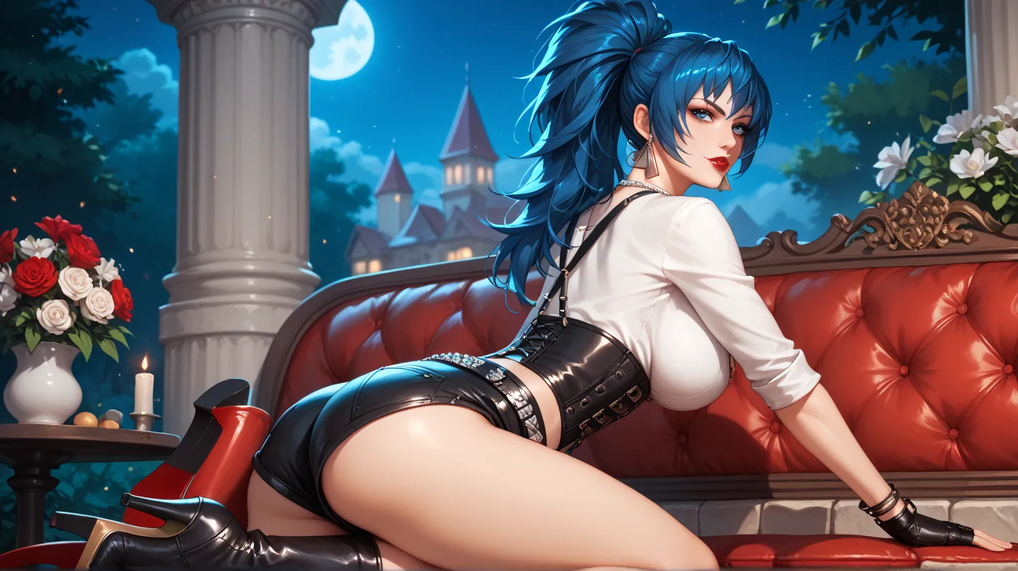 Sexy leona heidern, blue eyes,  long hair,  DARK BLUE HAIR LENSES, red lips,   triangle earrings, dog tags,  big breasts, wearing a corset , suspenders,  white shirt,  tight black shorts, belt with chains, fingerless gloves, bracelets,  Thigh-length boots ...