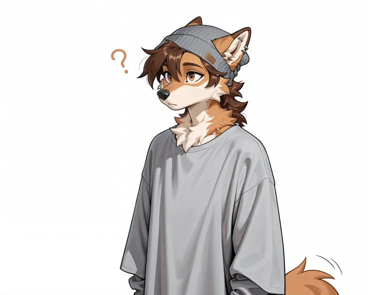 Masterpiece, best quality, absurd res, anthro, solo, an anthro furry male wolf, feminine male, brown fur, short brown hair, wearing only grey beanie, countershading, brown eyes, black nose, ear piercings, neck tufts, wearing long sleeve grey t shirt, upper...