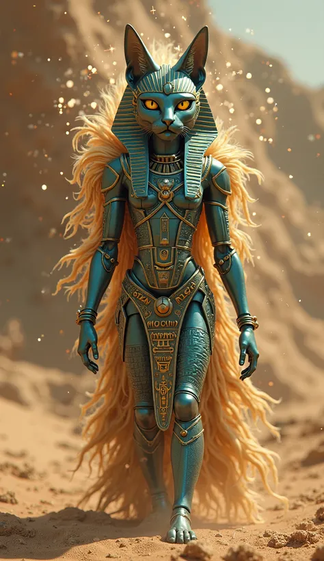 Ancient Egyptian cat deity with hieroglyphic-patterned exoskeleton. Digital sandstorm revealing hidden bpm codes, pyramid equalizers glowing with trapped starlight. Gold-and-teal palette, archeology-futurism fusion, ZBrush details.