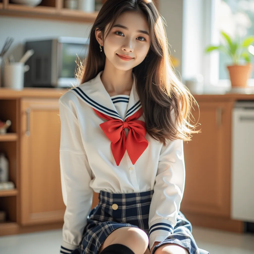 A young asian woman sits on the kitchen floor with her knees up, facing the camera with a soft and warm smile. Her bright, sparkling eyes convey a sense of natural charm and relaxation.

She wears a classic Japanese school uniform, consisting of a glossy w...