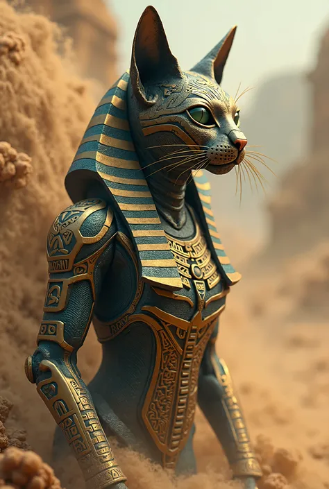 Ancient Egyptian cat deity with hieroglyphic-patterned exoskeleton. Digital sandstorm revealing hidden bpm codes, pyramid equalizers glowing with trapped starlight. Gold-and-teal palette, archeology-futurism fusion, ZBrush details.