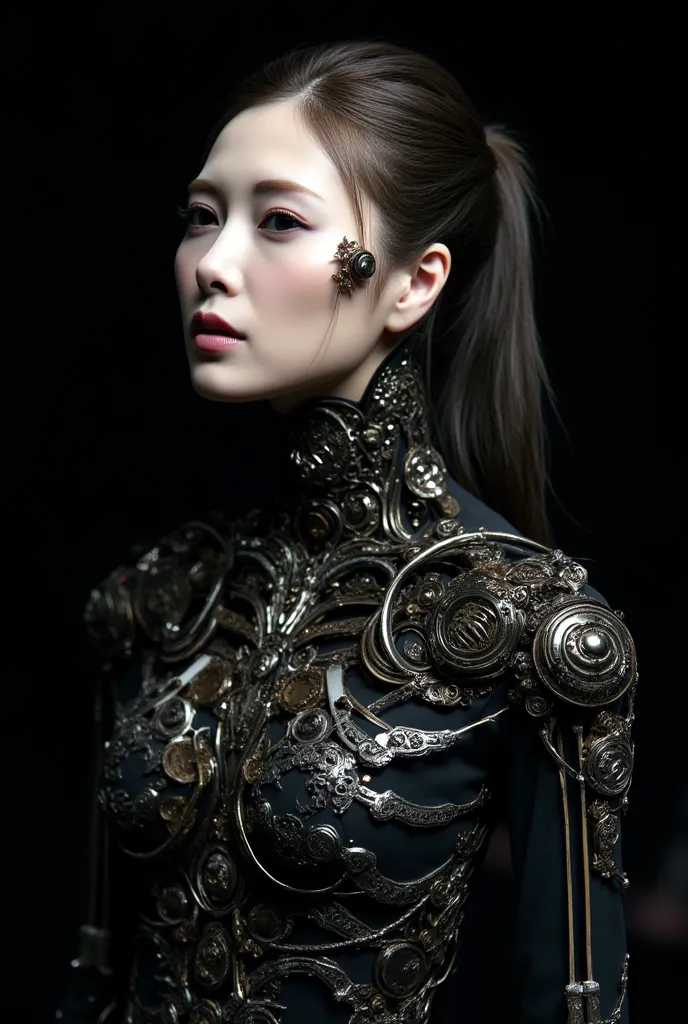 Beautiful woman in exoskeleton, detailed face, realistic textured skin, perfect anatomy, perfect fingers, Gothic style female android mechanical skeleton made of keys scales, pitch black dark background, [ultra huge breasts woman:8], abstract, [muted color...