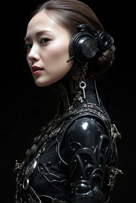 Beautiful woman in exoskeleton, detailed face, realistic textured skin, perfect anatomy, perfect fingers, Gothic style female android mechanical skeleton made of keys scales, pitch black dark background, [ultra huge breasts woman:8], abstract, [muted color...