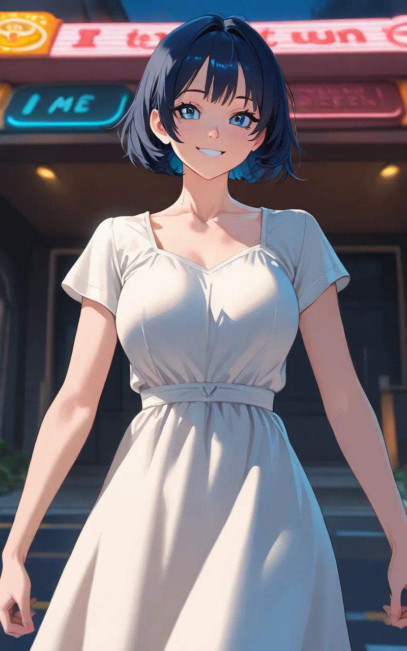 Close-up,solo, 1 girl,  dark blue short hair, blue eyes,plain white dress,( white clothes)Short sleeve,Breasts that are about the size of a good size,outside, random cute poses ,smile, sounds fun,I'm looking over here,side, random angles, in the sun's natu...