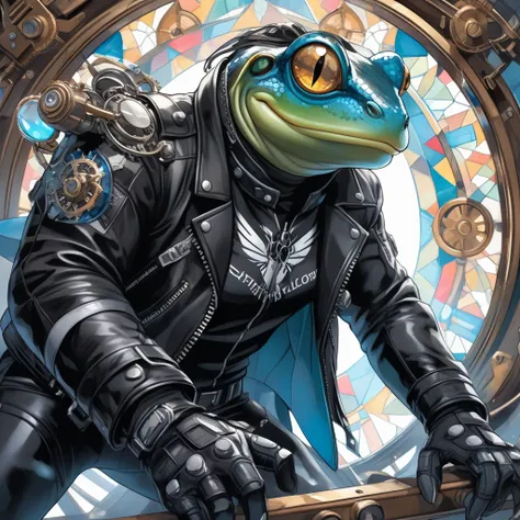 Closeup, Watercolor, digital comic book art style, best quality, super fine, 16k, incredibly absurdres, extremely detailed, delicate and dynamic, an extremely badass anthropomorphic light blue and white bullfrog wearing an insanely cool black leather biker...