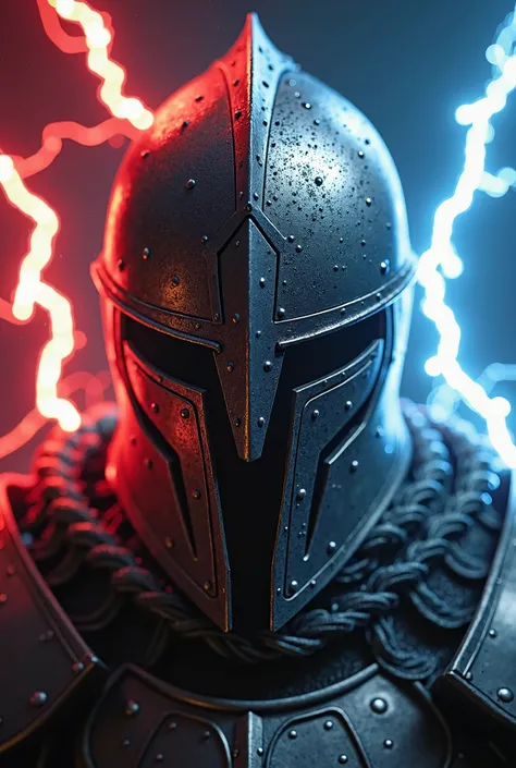 Red and blue lightning,close up helmet of a knight