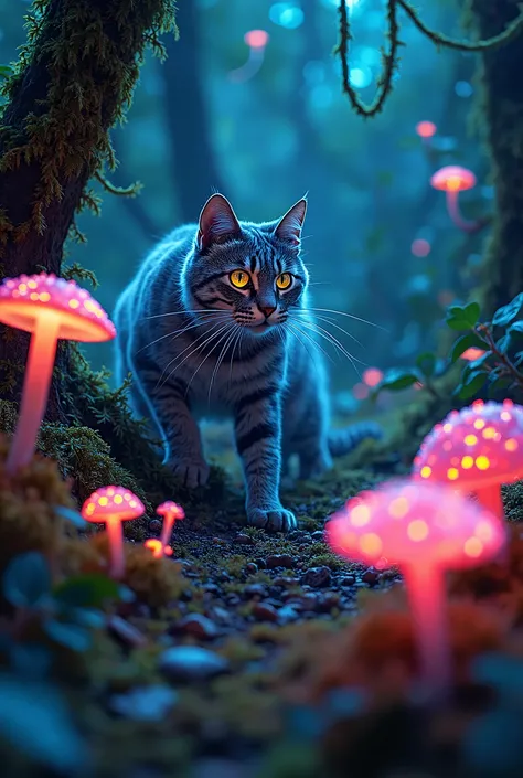 Feral cat merged with bioluminescent jungle plants, vines pulsating to dubstep rhythms. Acid-rain droplets creating spectral ripples, neon mushrooms as subwoofers. High contrast between dark foliage and radioactive greens, macro photography style.