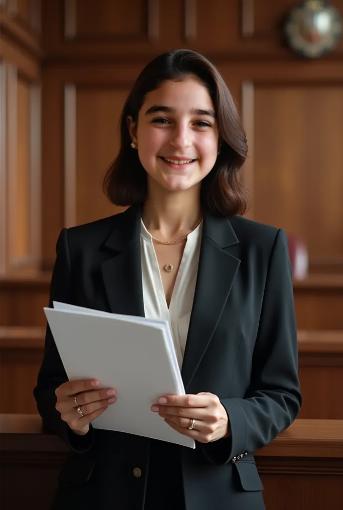 From the pic i uploaded Make me the closest realistic prediction of a female lawyer in court wearing formal clothes holding papers looking at the camera smiling