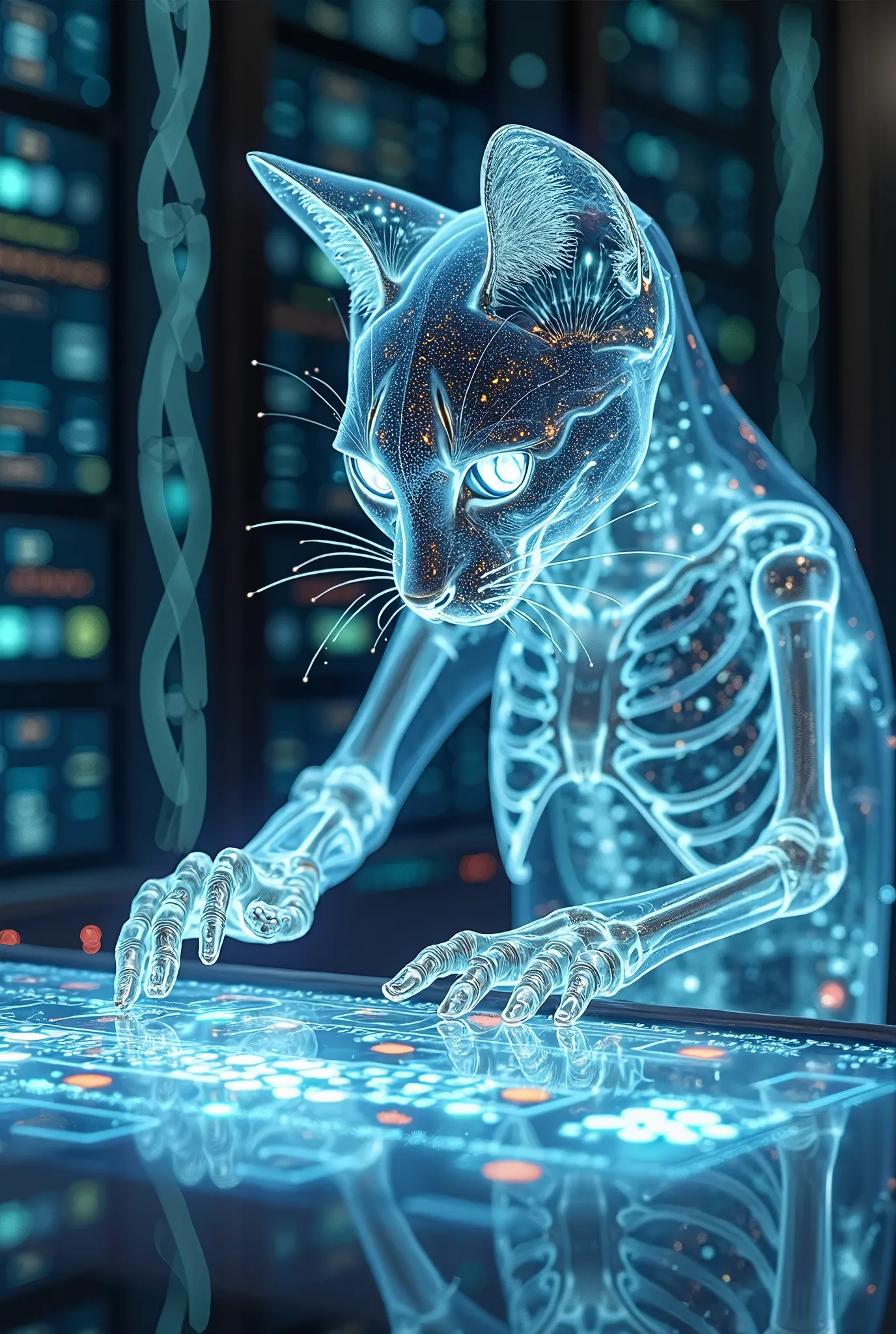 Transparent-skull cat revealing glowing neural networks, manipulating a floating soundboard made of liquid light. Data center background with fiber-optic cables forming Celtic knots. Cybernetic impressionism,32k textures.