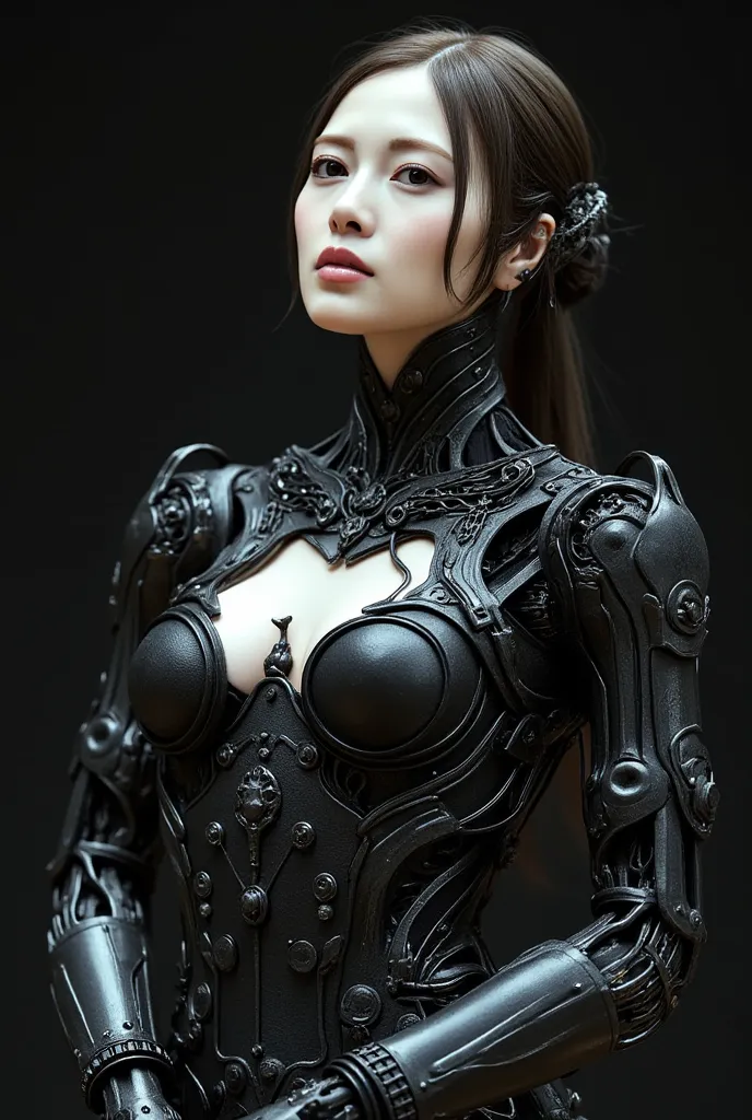 Beautiful woman in exoskeleton, detailed face, perfect anatomy, perfect fingers, Gothic style female android mechanical skeleton made of keys scales, pitch black dark background, [ultra huge breasts woman:8], abstract, [muted colors: vivid colors:8], sharp...