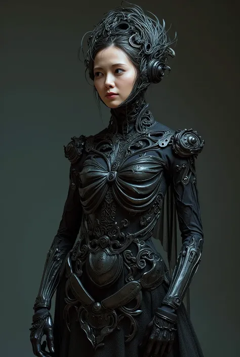 Beautiful woman in exoskeleton, detailed face, perfect anatomy, perfect fingers, Gothic style female android mechanical skeleton made of keys scales, pitch black dark background, [ultra huge breasts woman:8], abstract, [muted colors: vivid colors:8], sharp...