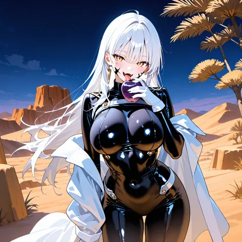 MASTERPIECE, BEST QUALITY, ULTRA DETAILED, HIGH DEFINITION, ILLUSTRATION, HYPER DETAILED, ALONE, 1girl, long hair, flowing white hair, golden eyes, black pupil, slit pupil, sharp nails, fangs, slender, large breasts, two small black marks on her cheeks, st...