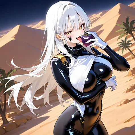 MASTERPIECE, BEST QUALITY, ULTRA DETAILED, HIGH DEFINITION, ILLUSTRATION, HYPER DETAILED, ALONE, 1girl, long hair, flowing white hair, golden eyes, black pupil, slit pupil, sharp nails, fangs, slender, large breasts, two small black marks on her cheeks, st...