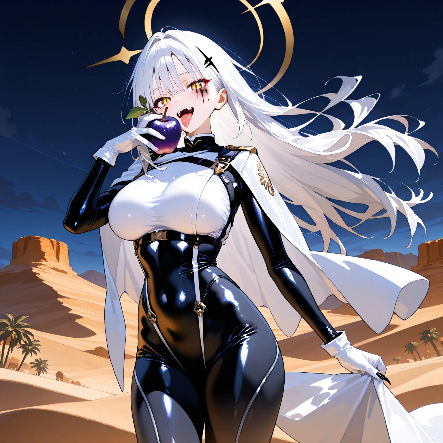 MASTERPIECE, BEST QUALITY, ULTRA DETAILED, HIGH DEFINITION, ILLUSTRATION, HYPER DETAILED, ALONE, 1girl, long hair, flowing white hair, golden eyes, black pupil, slit pupil, sharp nails, fangs, slender, large breasts, two small black marks on her cheeks, st...