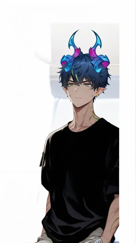  Anime panel  ,Oni 18 year old boy, Korean,  fair skin,angular face,  BLACK hair is characterized by a voluminous and textured top, , shaved or shorter sides and an elongated back.,definite body, brinco e piercings,small pointy ears, happy expression,Green...