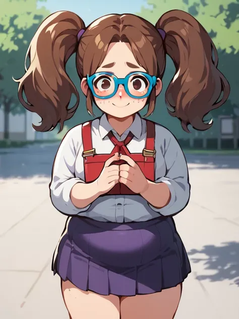  score_9,  score_8_up,  score_7_up, break, nsfw， uncensored， anime color,Madeleine , brown hair on both arms, twin tails, Glasses，blue framed glasses ,  purple skirt,  Long Sleeve,  outdoor, smile, shy,  freckles, brown eyes on the frame,  turn your hands ...