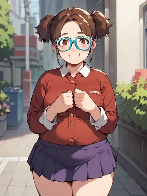  score_9,  score_8_up,  score_7_up, break, nsfw， uncensored， anime color,Madeleine , brown hair on both arms, twin tails, Glasses，blue framed glasses ,  purple skirt,  Long Sleeve,  outdoor, smile, shy,  freckles, brown eyes on the frame,  turn your hands ...