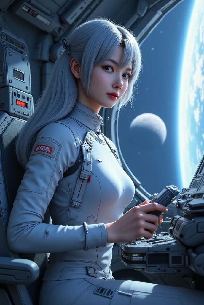 a masterpiece ,Space and astronauts, tied wavy silver hair, blue eyes , a female astronaut Inside the high tech spacecraft cockpit,she pilot the space ship moving forward. futuristic high tech space station, behind her are window show planet earth , full o...